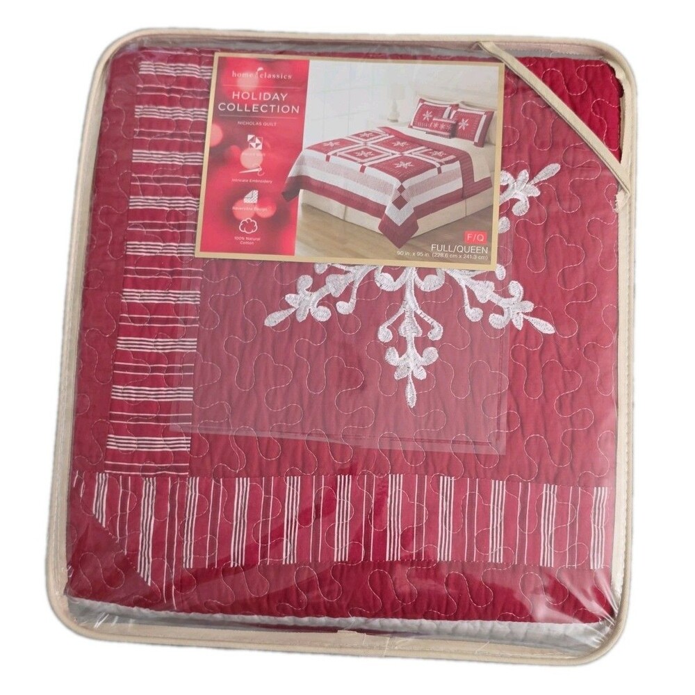 NIP Full/Queen Home Classics NICHOLAS Quilt Holiday Collection Red & white 90x95